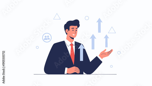 Businessman showing upward growth trends with arrows and icons