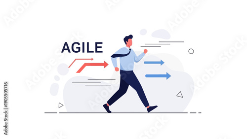 Agile business man running fast forward with arrows, concept of speed and progress