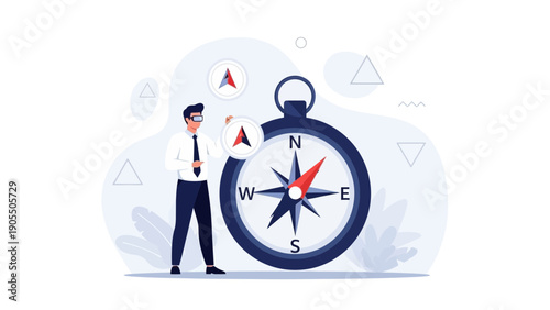 Man with VR headset interacting with virtual compass, navigating digital future