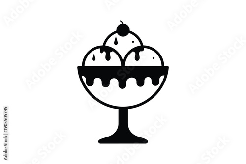 Ice cream sundae bowl with cherry silhouette icon isolated on white background sweet cold dessert menu graphic