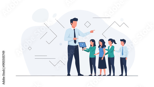 Business Leader Directing Team Members with Laptop and Data