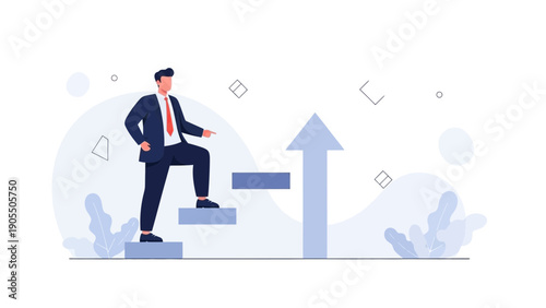 Businessman climbing stairs towards success and growth, business concept