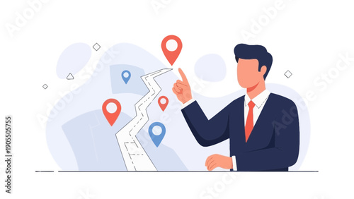 Businessman planning route with map pins and cracked path illustration