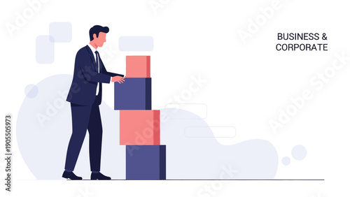 Businessman stacking blocks, building career success, strategy, corporate growth, abstract background