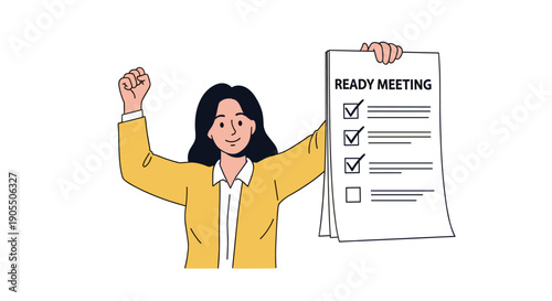 Woman holding a checklist for a ready meeting with a triumphant gesture.