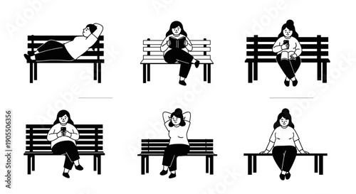 Monochrome illustrations of diverse women relaxing on park benches, showcasing various poses and activities.