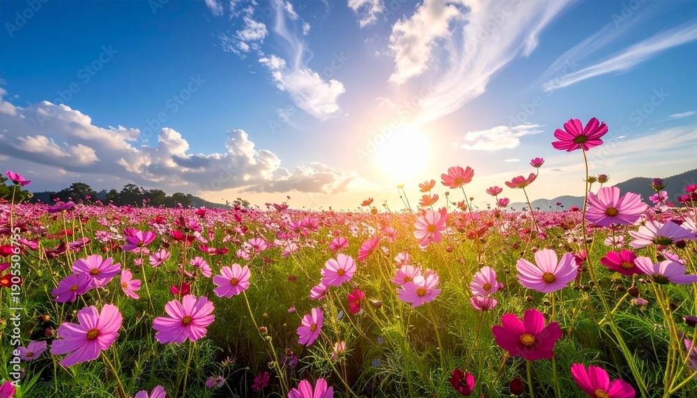 Fototapeta premium A serene field of cosmos flowers swaying gently in the breeze under a vibrant blue sky with radiant sunlight