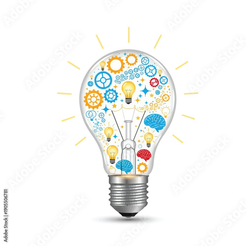 Conceptual illustration of a light bulb filled with gears and brain imagery, symbolizing innovation, creativity, and new ideas emerging from thought processes and mechanical ingenuity