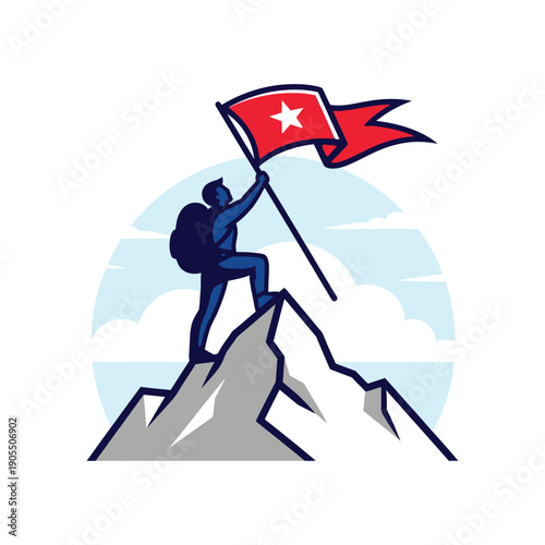 Illustration of a triumphant climber planting a flag on a mountain peak, symbolizing success, achievement, and the determined spirit of overcoming challenges to reach goals