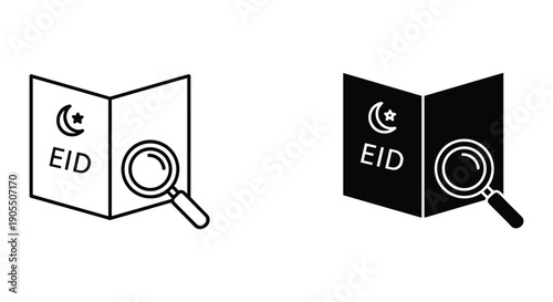 Eid Mubarak open book with magnifying glass and crescent moon design minimalist greeting card template