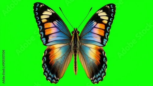 Vibrant Tropical Butterfly Flapping Wings 3D Animation Isolated on Chroma Key Green Screen Background
