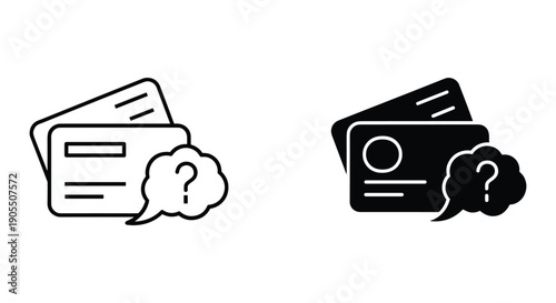 Credit Cards with Question Mark Thought Bubbles, Simple Line Art, White and Black
