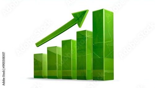 Green bar graph with an upward-pointing arrow, isolated on a white background, indicating growth
