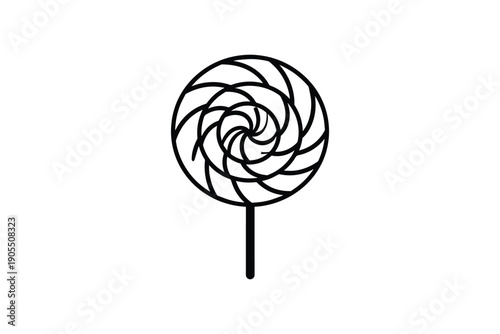 Minimalist black and white outline drawing of a classic swirled lollipop on a stick, evoking childhood delight