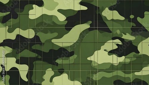 Green, brown, and black camouflage pattern on tile grid. Decorative, textured, abstract background