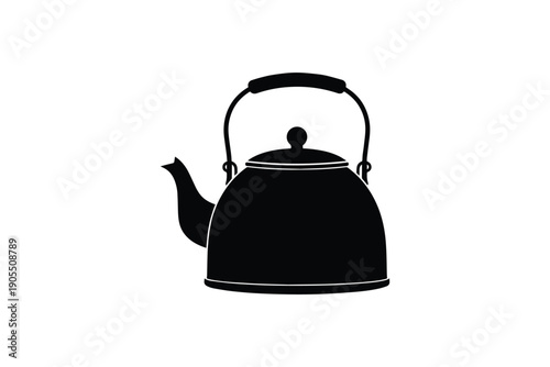 Classic black silhouette of a traditional kettle with a handle and spout, standing alone on white backdrop
