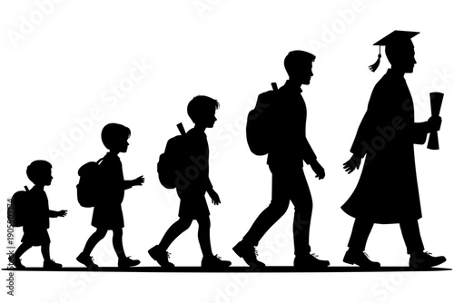 Silhouettes of children progressing from kindergarten to graduation, showcasing educational journey and growth through various stages of development and academic achievements.