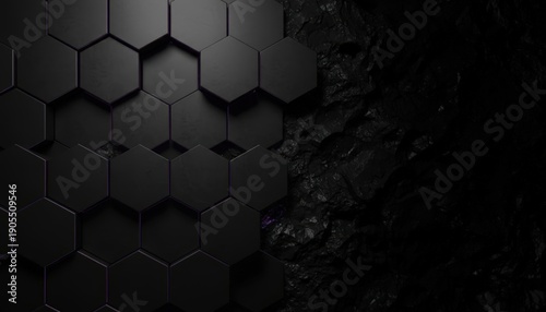 Abstract Dark Hexagonal Pattern and Rugged Rock Texture Background with Purple Accents
