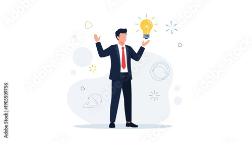 Businessman Holding Glowing Light Bulb, Symbolizing New Idea and Innovation