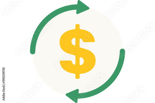 Financial transaction illustration showing dollar sign surrounded by green arrows indicating cycle of money exchange