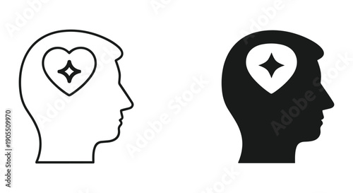 Minimalist Human Head Silhouettes with Heart and Star Symbols, Black and White Style