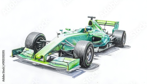 Green race car drawing with thick black tires, nose to the left, on a white background, casting grey shadows