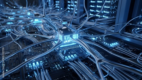 Intricate blue network cables in data center illumination.
