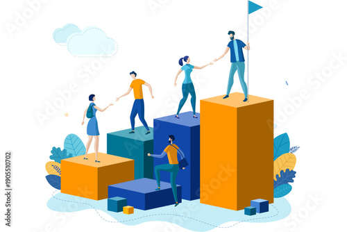 Group of people collaborating on a project, standing on blocks of different heights, with a flag on the highest block in a vector illustration
