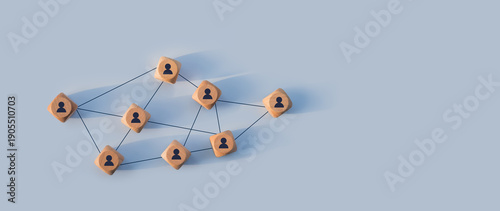 Organizational network structure with connected people icons on wooden blocks, showing team collaboration, stakeholder mapping, social graph, and business communication on a light background
