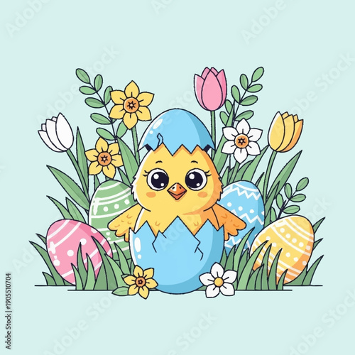 Cute yellow chick hatching from a blue eggshell surrounded by colorful Easter eggs and spring flowers in green grass.