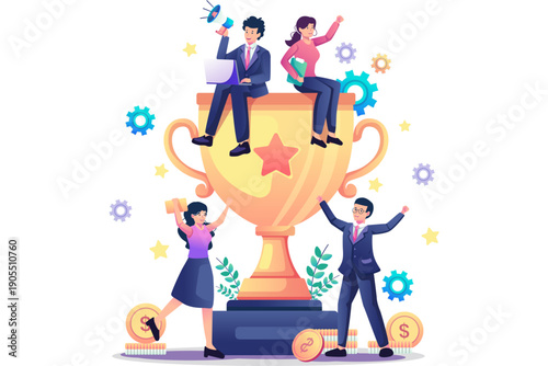 Triumphant businesspeople celebrating atop a golden trophy surrounded by symbols of success and achievement in a vibrant illustration