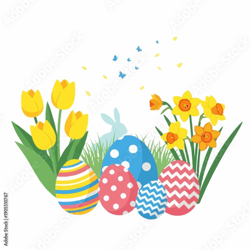 A vibrant illustration of Easter eggs, yellow tulips, and daffodils in green grass with a bunny silhouette and butterflies.