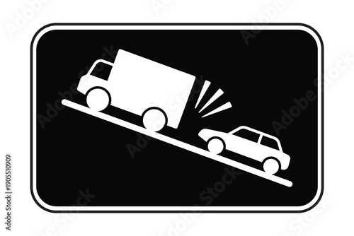 Monochrome "Risk of Accident" Downhill Sign – High-Visibility Vehicle Collision Warning for Steep Descents and Mountain Safety