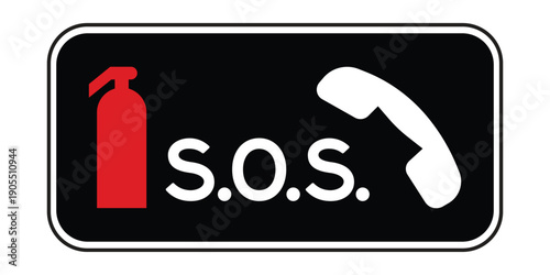 Monochrome S.O.S. and Fire Extinguisher Sign – High-Contrast Emergency Station Graphic with Red Extinguisher and White Icons
