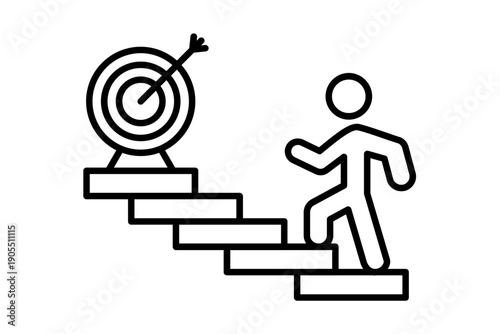 A person climbing stairs towards a target with an arrow hitting the center, illustration of progress and achievement