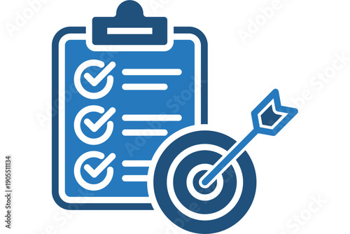 A checklist and target with an arrow hitting the bullseye, symbolizing achievement and precision in a simple graphic illustration