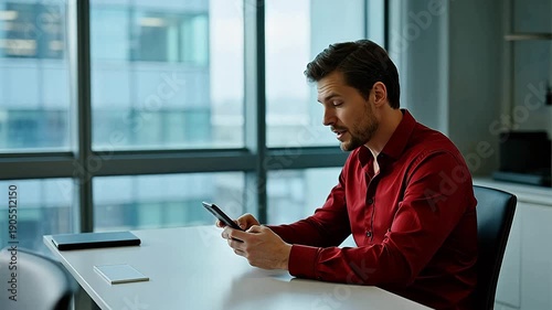 Man in red shirt using phone at desk