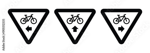 Monochrome Bicycle Directional Warning Signs – Set of Three High-Contrast Triangular Yield Graphics for Cyclist Wayfinding isolated on white