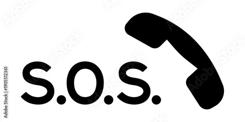 Standalone S.O.S. Emergency Phone Icon – Minimalist Telephone Handset Silhouette and Bold Typography for Safety Wayfinding and App Design