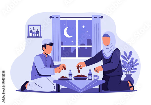 Vector illustration of a couple sharing traditional iftar meal together at home