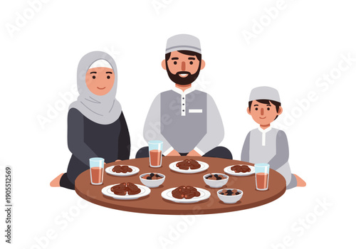Vector illustration of a muslim family sharing traditional iftar meal together