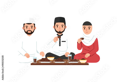 Vector illustration of a muslim family sharing traditional Ramadan iftar meal together