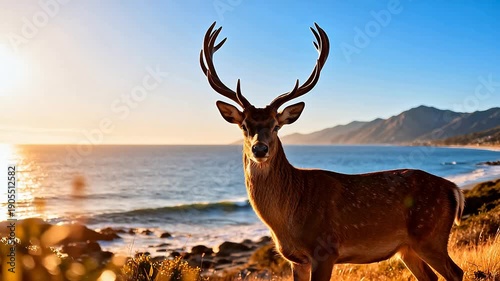 Deer by the sea at sunset