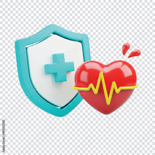 Red heart with a yellow heartbeat line is beside a blue shield featuring a medical cross. The image conveys a sense of health and protection.