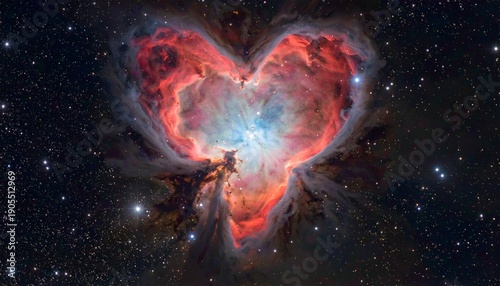 Heart-shaped nebula glows in space, surrounded by twinkling stars in a vast cosmic landscape