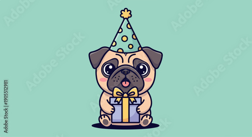 Adorable cartoon pug dog wearing a colorful party hat and holding a gift box on a teal background.