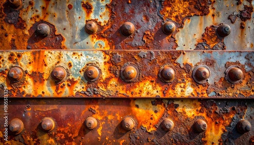 Heavily corroded metal bridge section with rivet lines and a rich rust colored surface, close up