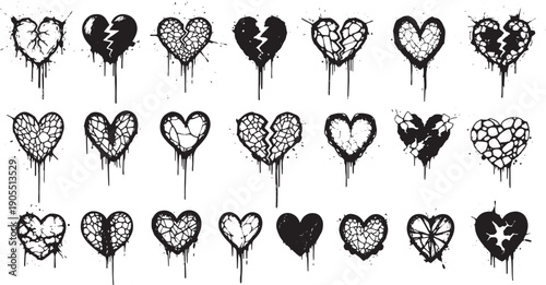 Broken heart drip graphics with cracked texture effect for emotional grunge vector designs and illustrations