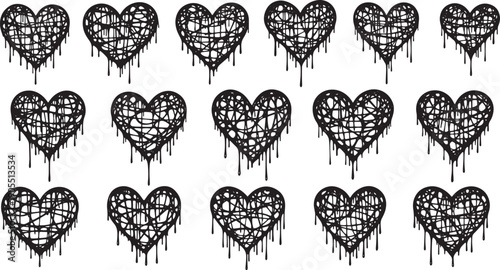 Set of 20 black grunge dripping hearts. various shapes of tangled thread heart isolated on transparent