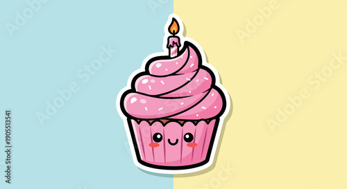 Cartoon illustration of a pink cupcake with a smiley face and a lit candle on a pastel blue and yellow background.